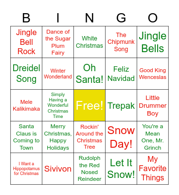 Holiday Songs Bingo Card