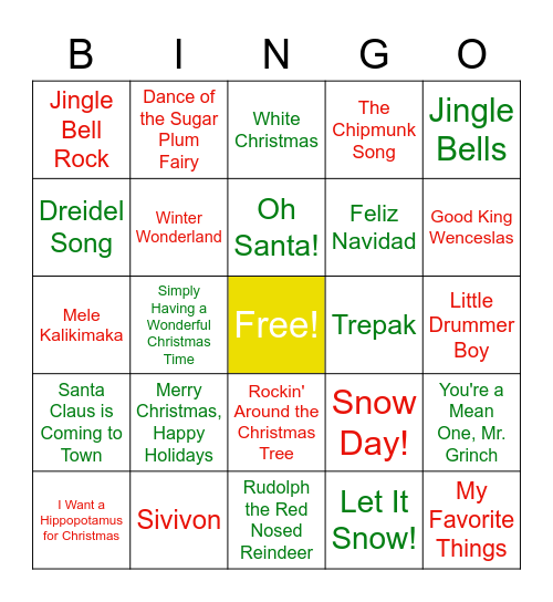 Holiday Songs Bingo Card