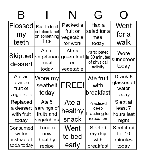 Healthy Steps Bingo Challenge Bingo Card