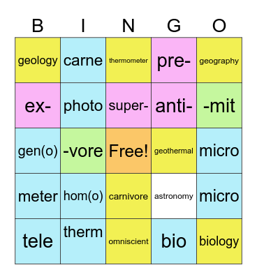Roots/Prefixes/Suffixes 1 Bingo Card