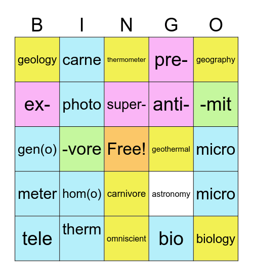 Roots/Prefixes/Suffixes 1 Bingo Card
