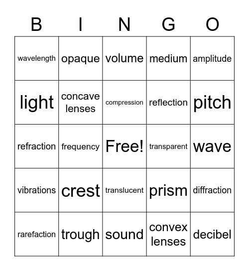 light and sound Bingo Card