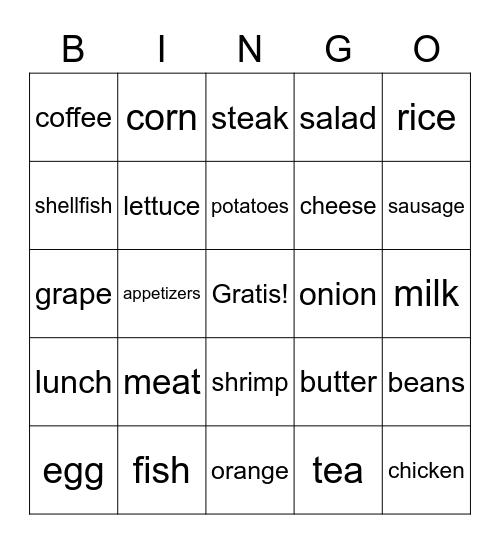 La comida Bingo Card