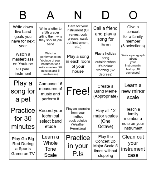 Beechwood HS Winter Break BANDO Bingo Card