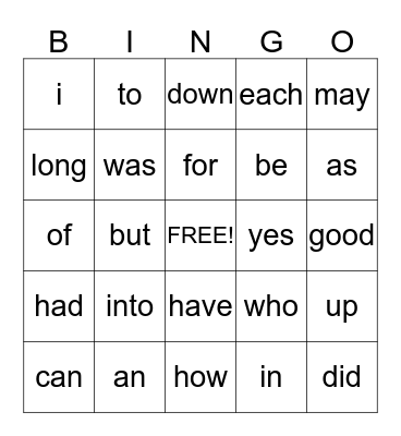 Beginnning Sight Words Bingo Card