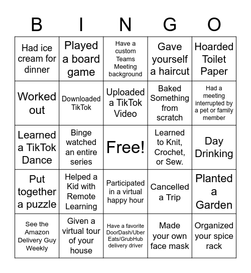 Quarantine Bingo Card