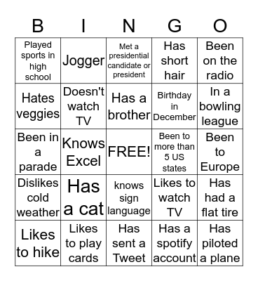 Get to know your coworker Bingo! Bingo Card