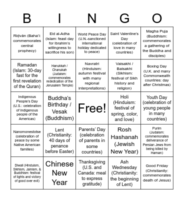 World Holidays Bingo Card