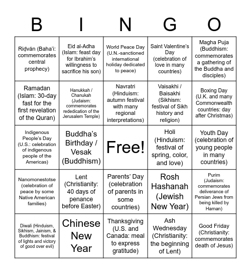 World Holidays Bingo Card