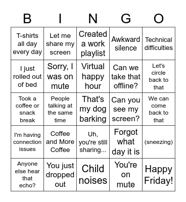 Work From Home Bingo Card