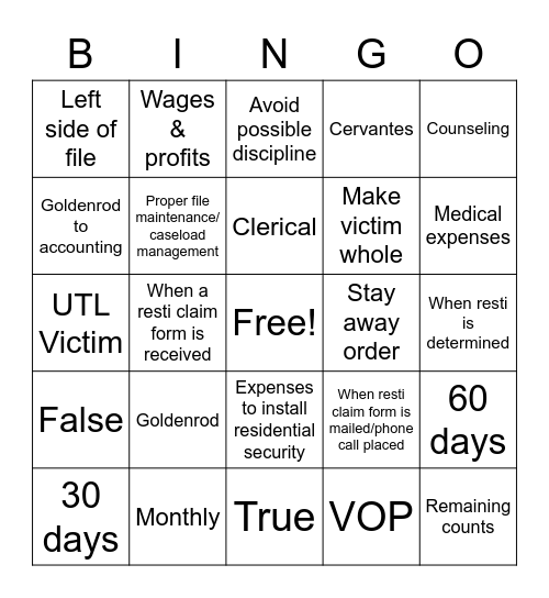 Restitution Bingo Card