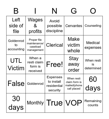 Restitution Bingo Card