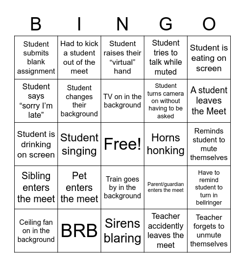 Google Meet Bingo Card