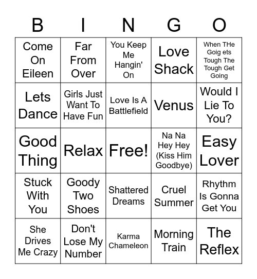 80s Hits Bingo Card