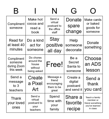 December 2020 Homework Bingo Card