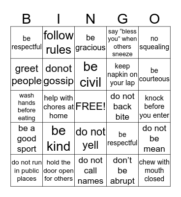 Manners Bingo Card