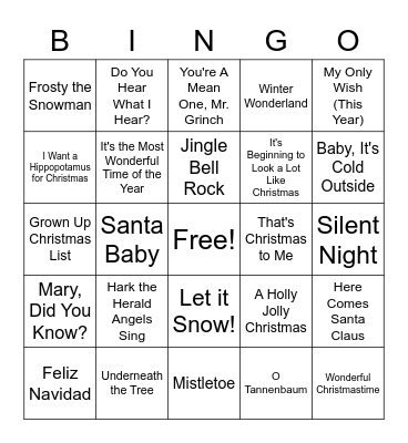 Holiday Song Musical Bingo Card