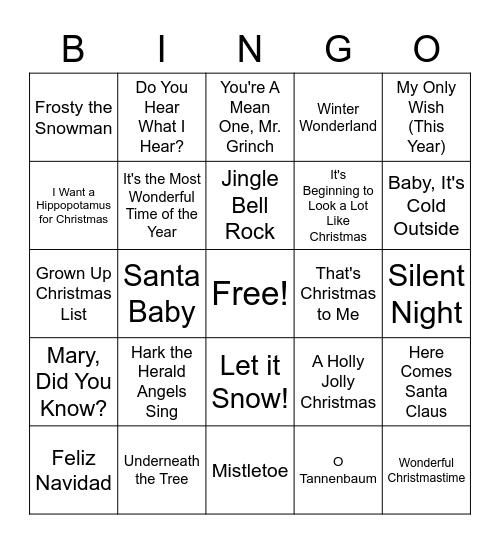 Holiday Song Musical Bingo Card