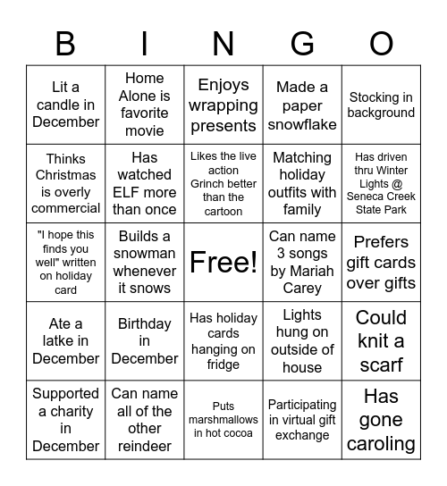 SFES Holiday Bingo Card