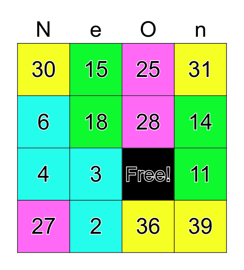 N is for neon Bingo Card