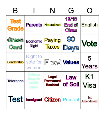 Civics: Citizenship Bingo Card