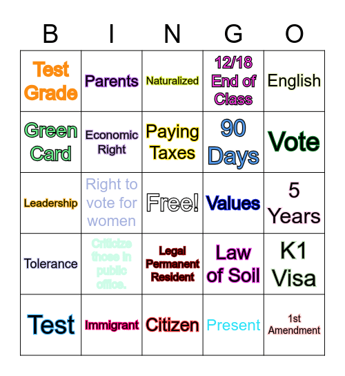 Civics: Citizenship Bingo Card