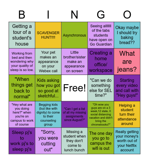 2020 WFH + Counseling Bingo Card