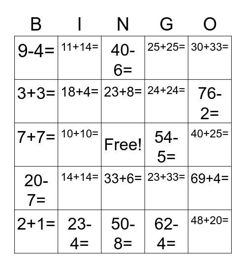 Holiday Math Fact Bingo Card