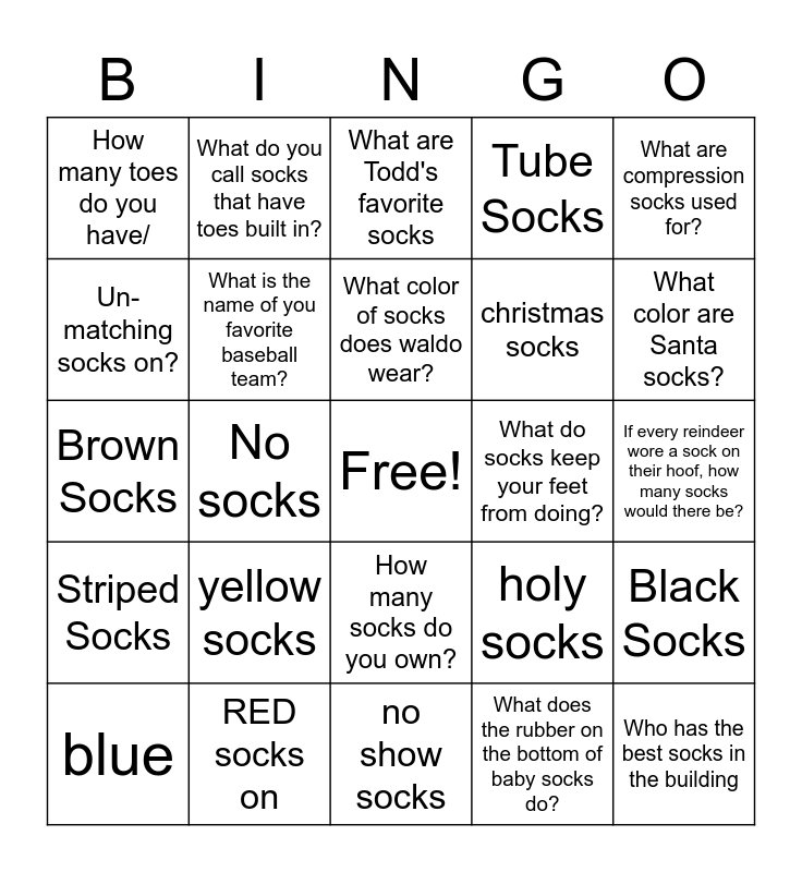 Secret Santa Sock Exchange Bingo Card