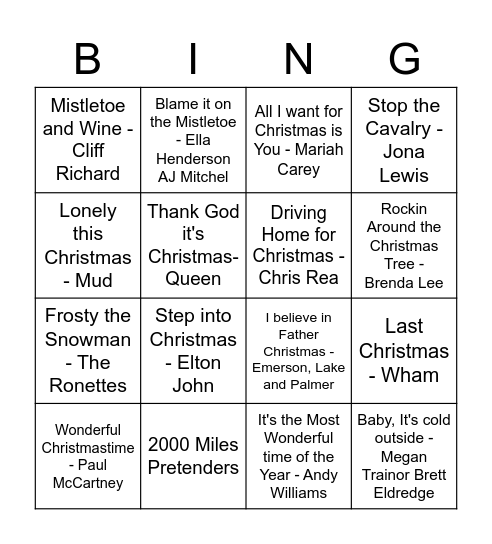 Poole Xmas Bingo - Christmas Tunes Bingo Card