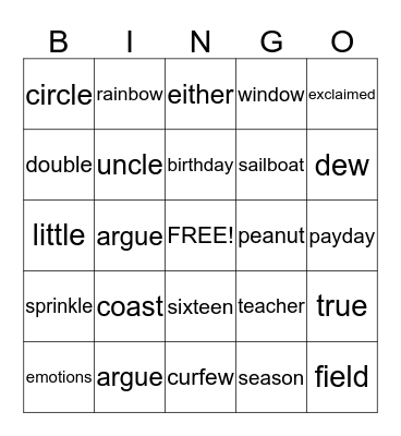 Spelling Pattern Bingo Card