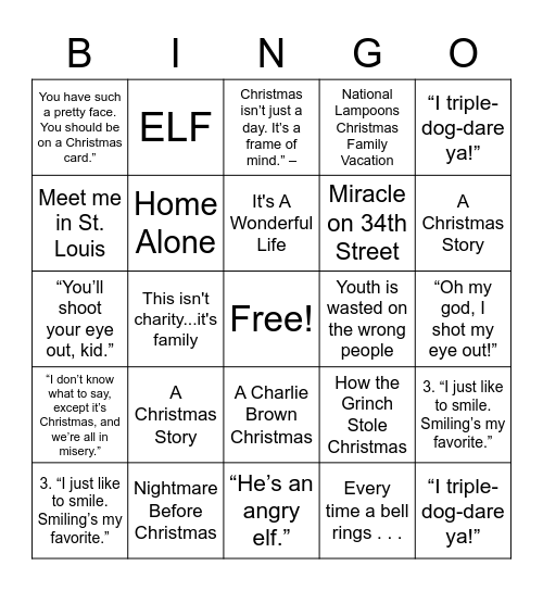 Holiday Movie Quoteables Bingo Card