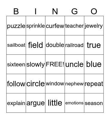 Spelling Pattern Bingo Card