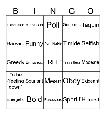 Une grille de BRAVO avec les adjectifs Bingo Card
