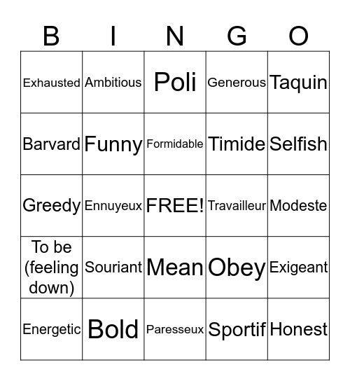 Une grille de BRAVO avec les adjectifs Bingo Card