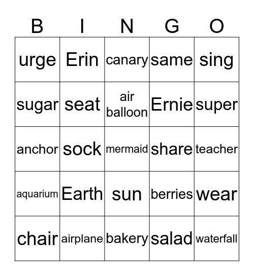 Practice -er, -air, and /s/ sounds Bingo Card