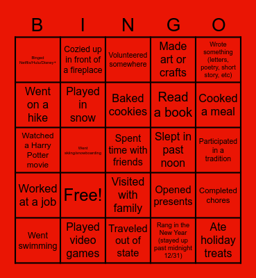 Winter Break Activities Bingo Card