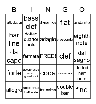 Musical Bingo Card