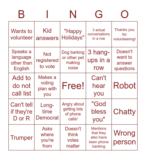 Phone Banking! Bingo Card