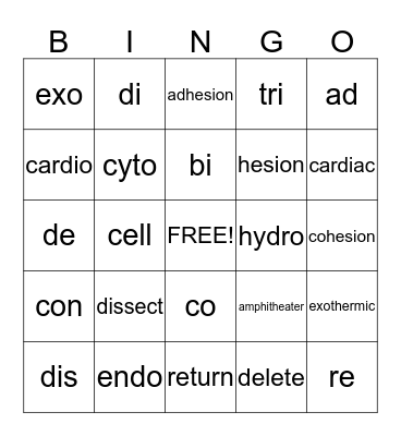 Word Parts Bingo Card