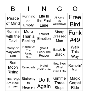 Classic Rock Songs Bingo Card