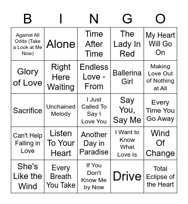 Love Songs Bingo Card