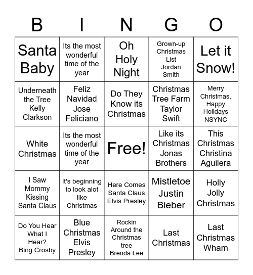 Christmas Songs Bingo Card