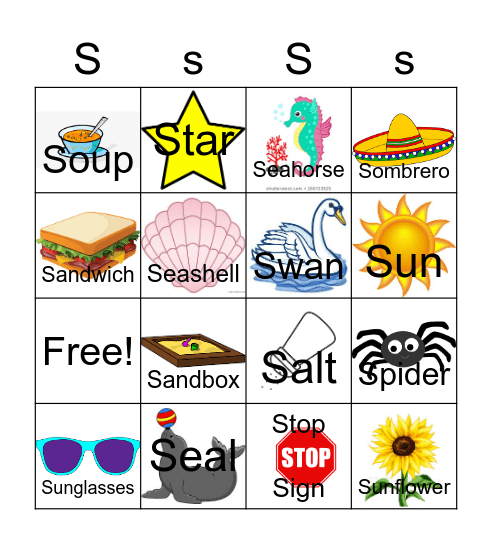 Letter S Bingo Card