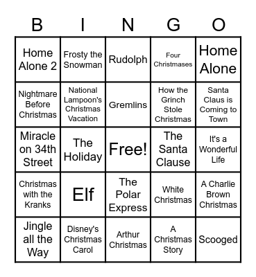 Christmas Movie Bingo Card