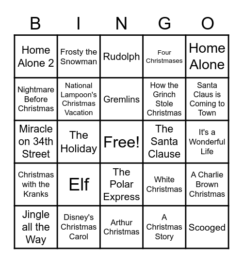 Christmas Movie Bingo Card