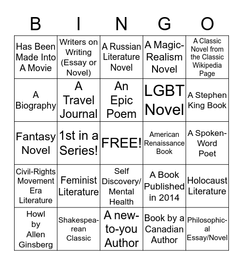 Holiday Book Challenge Bingo Card