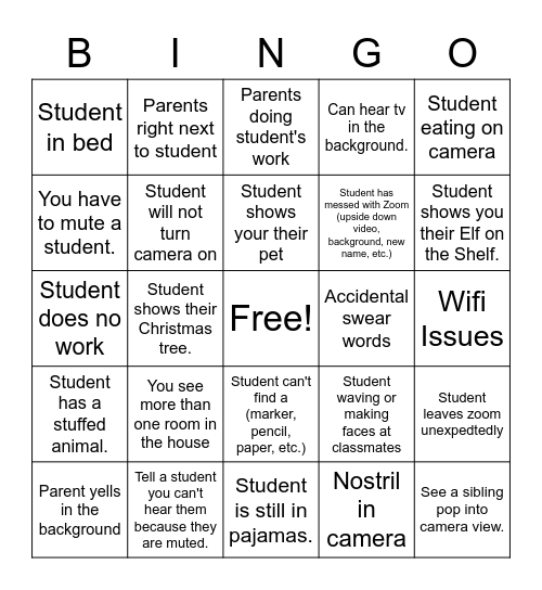 Teacher Zoom Bingo Card