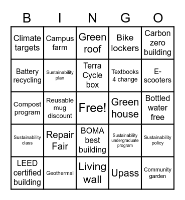 Campus Sustainability Bingo Card