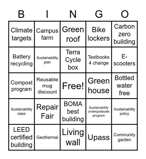 Campus Sustainability Bingo Card